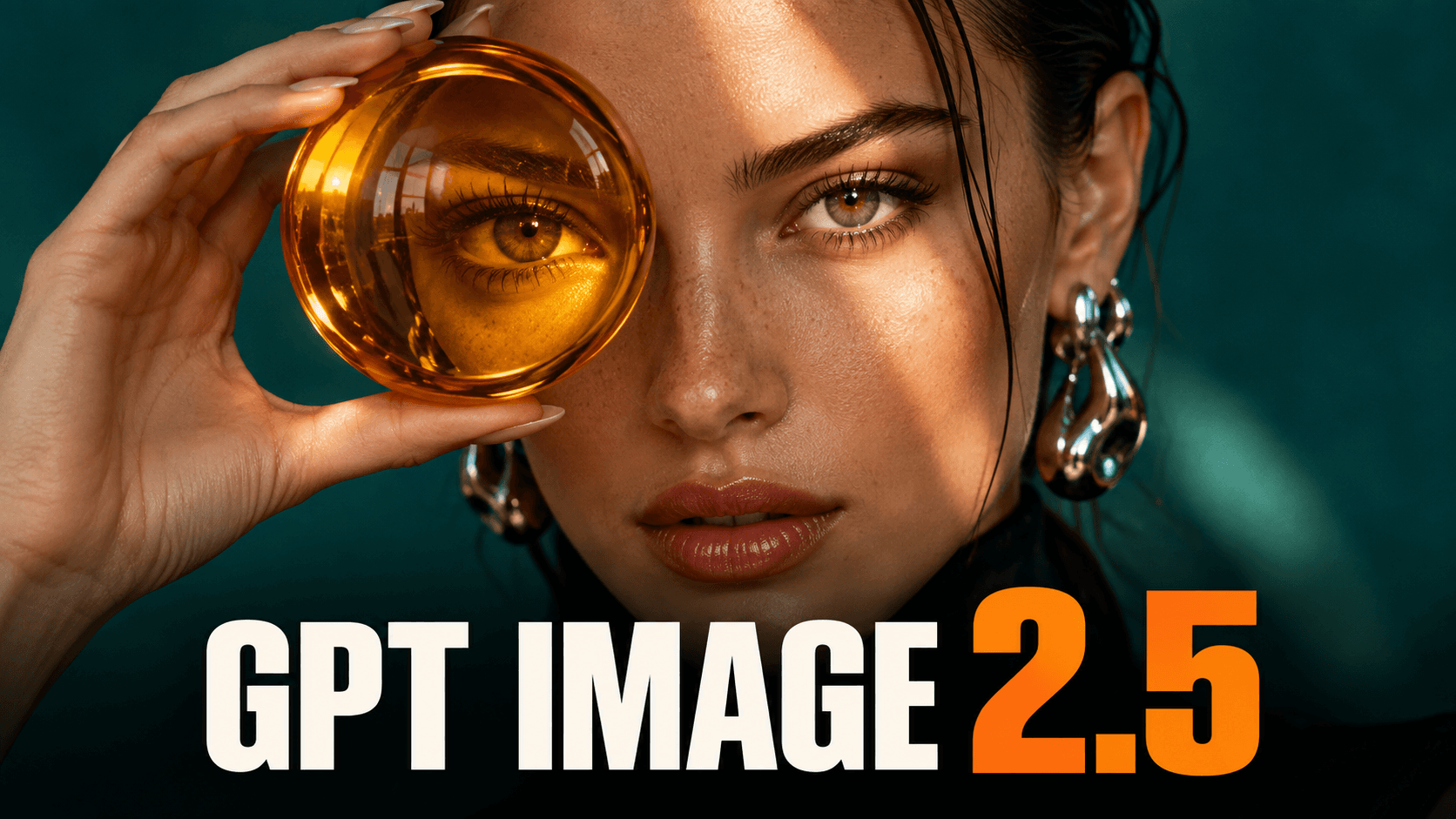 GPT Image 2.5 — editorial portrait with an amber glass sphere